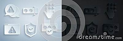 Set Shield with check mark, Password protection, Browser exclamation, and Exclamation in triangle icon. Vector Stock Photo