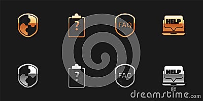 Set Shield, Clipboard with question marks, text FAQ and Laptop and help icon. Vector Vector Illustration