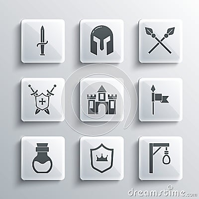 Set Shield with crown, Gallows, Medieval spear, Castle, fortress, Poison in bottle, shield swords, Dagger and Crossed Vector Illustration