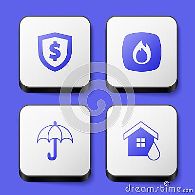Set Shield with dollar, Fire flame, Umbrella and House flood icon. White square button. Vector Vector Illustration