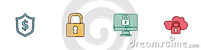Set Shield with dollar, Lock, on computer monitor and Cloud computing lock icon. Vector Vector Illustration