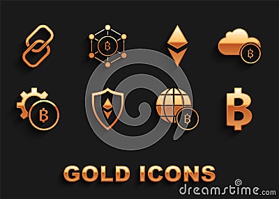 Set Shield Ethereum ETH, Cryptocurrency cloud mining, coin Bitcoin, Globe and cryptocurrency, Chain link and Blockchain Vector Illustration