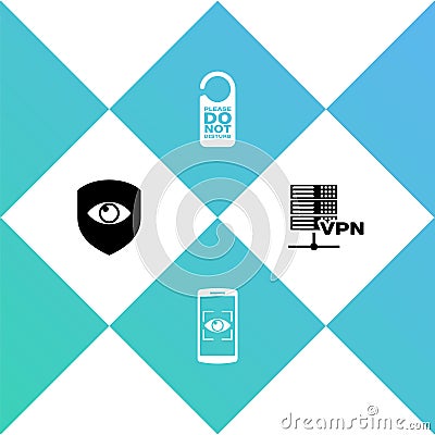 Set Shield and eye, Mobile scan, Please do not disturb and Server VPN icon. Vector Vector Illustration