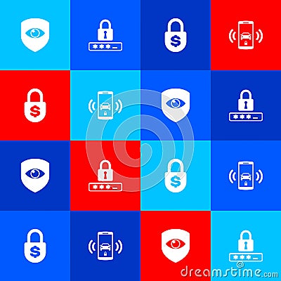 Set Shield and eye, Password protection, Money lock and Smart car alarm system icon. Vector Vector Illustration