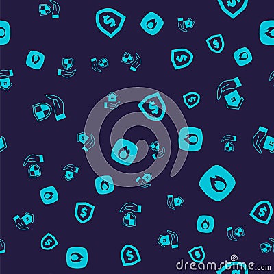 Set Shield in hand, House, with dollar and Fire flame on seamless pattern. Vector Stock Photo