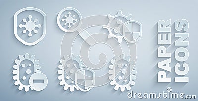 Set Shield protecting from virus, Negative, Virus, under magnifying glass and icon. Vector Stock Photo