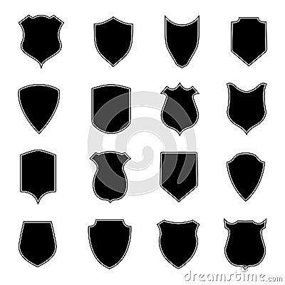 Set shield shapes. Badge, crest and icon of security. Blank black banner and emblem for coat of safety service or police. Heraldic Vector Illustration