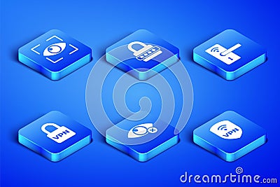 Set Shield with VPN wireless, Eye scan, Invisible or hide, Lock, Password protection and Digital door lock icon. Vector Stock Photo