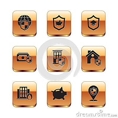 Set Shield with world globe, Fire in burning house, Piggy bank, House shield, Money, Graduation cap, Location and icon Vector Illustration