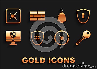 Set Shield with world globe, keyhole, Key, Safe, Computer monitor and shield, Ringing bell, and Bricks icon. Vector Vector Illustration