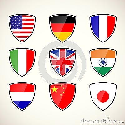 Set of shields with flags Stock Photo