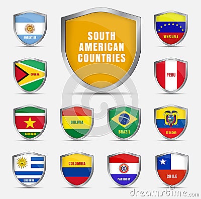 Set shields with flags of the South American countrie Vector Illustration