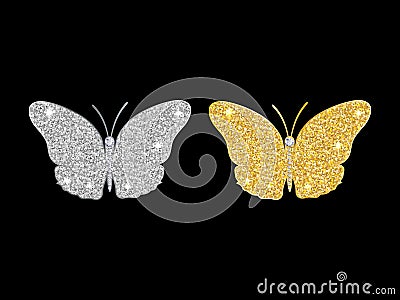 Set of shining butterflies of gold and silver glitter. Vector Illustration