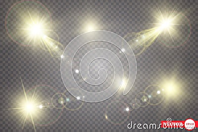 Set. Shining star, the sun particles and sparks with a highlight effect, golden bokeh lights glitter and sequins. On a Vector Illustration