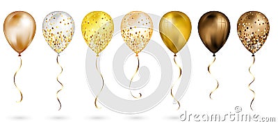 Set of 7 shiny gold realistic 3D helium balloons for your design. Glossy balloons with glitter and gold ribbon, perfect decoration Stock Photo