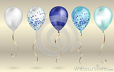 Set of 5 shiny realistic 3D blue helium balloons for your design. Glossy balloons with glitter and gold ribbon, perfect decoration Stock Photo