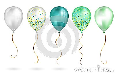 Set of 5 shiny realistic 3D teal helium balloons for your design. Glossy balloons with glitter and gold ribbon, perfect decoration Stock Photo