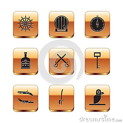 Set Ship steering wheel, Vintage pistols, Pirate sword, Crossed pirate swords, Alcohol drink Rum bottle, Compass, parrot Vector Illustration