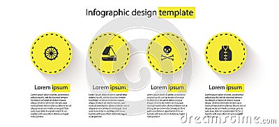 Set Ship steering wheel, Yacht sailboat, Skull on crossbones and Life jacket. Business infographic template. Vector Vector Illustration