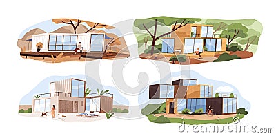 Set of shipping container houses in nature with panoramic window. Collection of contemporary modular block homes with Vector Illustration