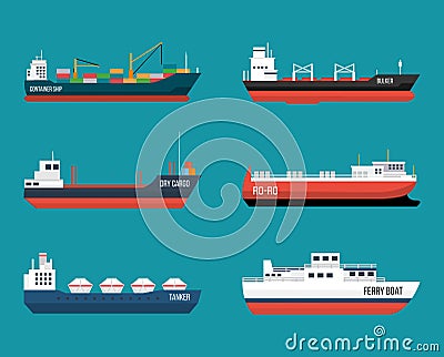 Set of ships in modern flat style. Vector Illustration