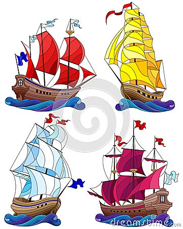 Stained glass illustration with Set of ships , sailboats on waves isolated on white background Vector Illustration