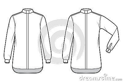 Set of Shirt clergy technical fashion illustration with elbow fold long sleeves, relax fit, button-down, Tab Collar Cartoon Illustration