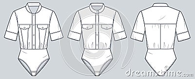 Set of Shirt technical fashion Illustration. Bodysuit fashion flat technical drawing template, button down, short sleeve, pockets Vector Illustration