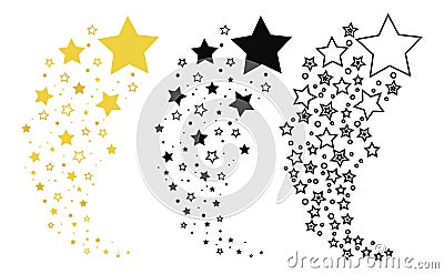 Set of shooting stars. Collection of stars silhouette. Vector illustration of a flying star. Black and white drawing Vector Illustration