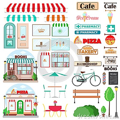 Set of Shop facade and exterior elements with doors, showcases, signboards emblems, bench, plants furniture products Vector Illustration