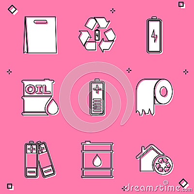 Set Shopping bag, Battery with recycle, Oil barrel, charge level indicator, Toilet paper roll, and icon. Vector Stock Photo