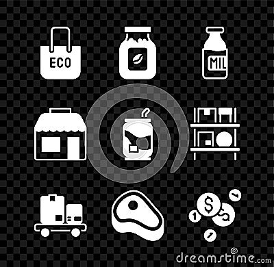 Set Shopping bag with recycle, Coffee jar bottle, Bottle milk, Hand truck and boxes, Steak meat, Coin money dollar Vector Illustration