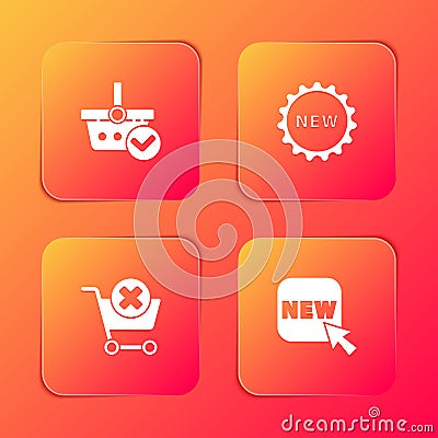 Set Shopping basket with check mark, Price tag text New, Remove shopping cart and Button icon. Vector Vector Illustration