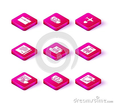 Set Shopping building with shield, Stacks paper money cash, Contract pen, Medical clipboard clinical record, Blank Stock Photo