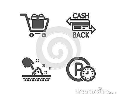 Shopping cart, Cashback card and Skin moisture icons. Parking time sign. Gift box, Money payment, Wet cream. Vector Vector Illustration