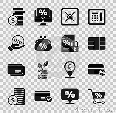 Set Shopping cart, Discount card with percent, Credit chip, Safe, Purse money, tag, Coin dollar and Finance document and Vector Illustration
