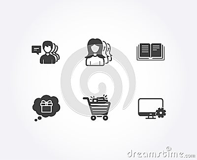 Shopping cart, Education and Gift dream icons. Women headhunting, People and Monitor settings signs. Vector Illustration