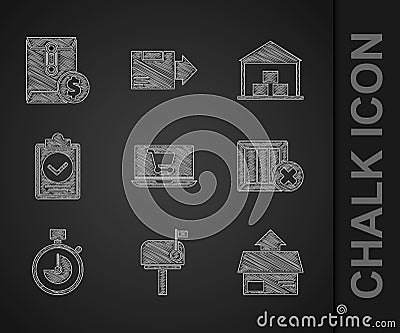 Set Shopping cart on laptop, Mail box, Carton cardboard, Wooden and delete, Stopwatch, Verification of delivery list Vector Illustration