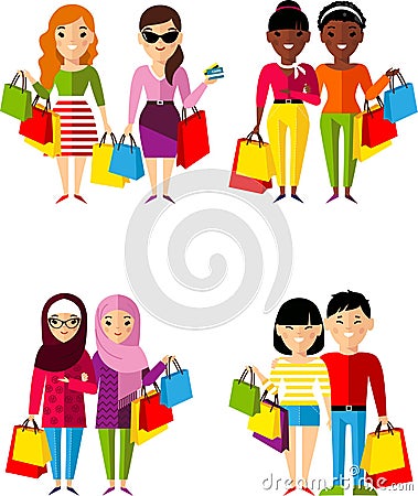 Set of shopping concept couple international people buyer. Vector Illustration