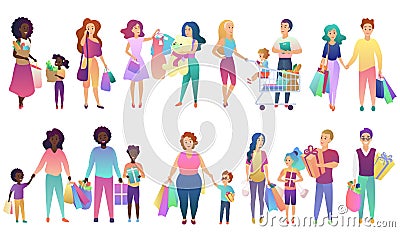 Set of shopping family people isolated vector illustration set. Vector Illustration