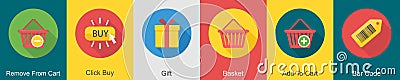 A set of 6 shopping icons as remove from cart, click buy, gift Vector Illustration