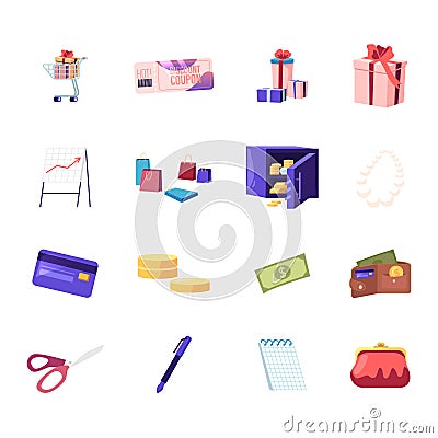 Set Shopping Trolley with Gift Box, Discount Coupon and Presents, Data Analysis Graph, Paper bags and Safe with Money Vector Illustration