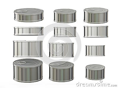 Set of short cylindrical aluminum tin cans in various sizes, cl Stock Photo