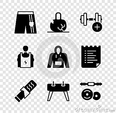 Set Short or pants, Broken weight, Dumbbell, Protein sport bar, Pommel horse, Barbell, Bodybuilder and Hoodie icon Vector Illustration