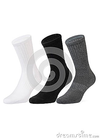 Set of short socks white, grey, black isolated on white background. Three pair of socks in different colors. Sock for sports Stock Photo