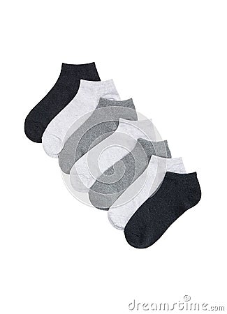Set of short socks white, grey, black isolated on white background. Three pair of socks in different colors. Sock for sports Stock Photo