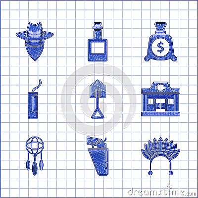 Set Shovel, Revolver gun in holster, Indian headdress with feathers, Wild west saloon, Dream catcher, Dynamite bomb Vector Illustration