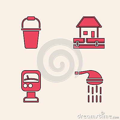 Set Shower, Bucket, Water supply pipes and Pressure water meter icon. Vector Stock Photo