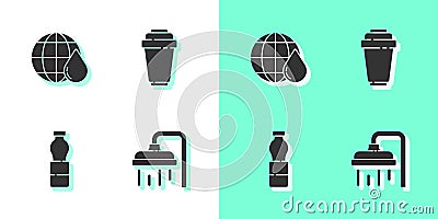 Set Shower head, Earth planet in water drop, Bottle of and Water filter cartridge icon. Vector Vector Illustration