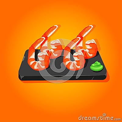 Set of shrimps with wasabi lying on the broken stone tray Vector Illustration